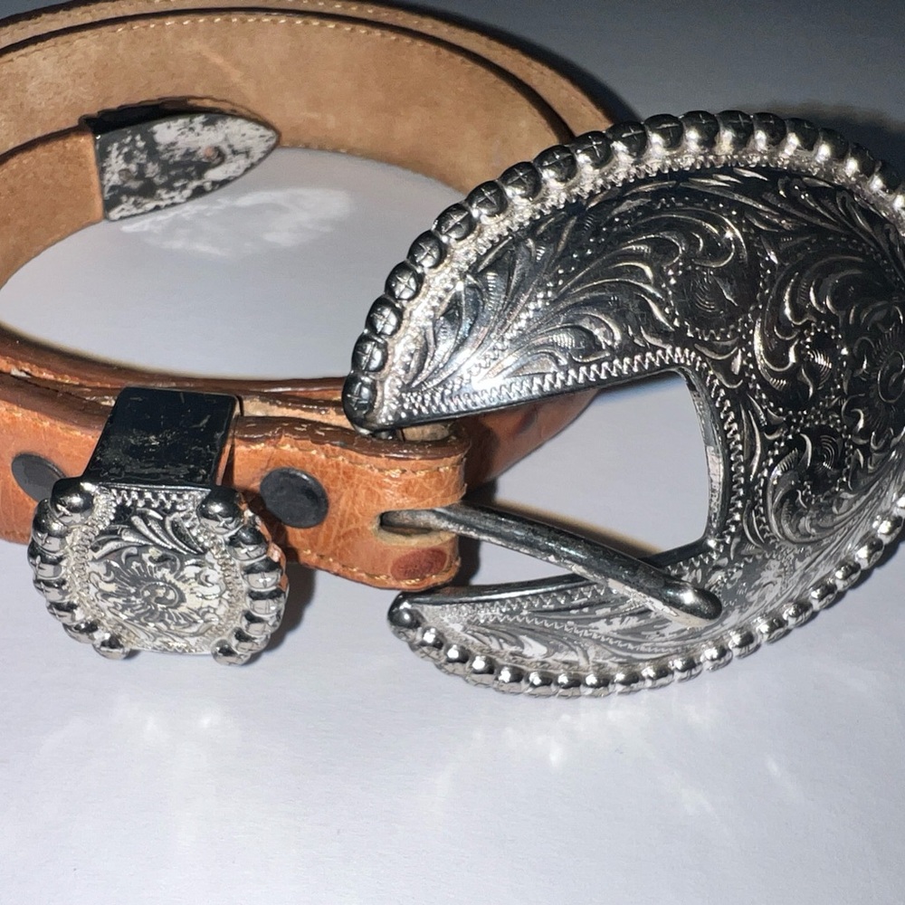 Tony Lama Size 32 5597L 1" Mens Ostrich Print Belt Silver Toned Buckle Western - Picture 2 of 13